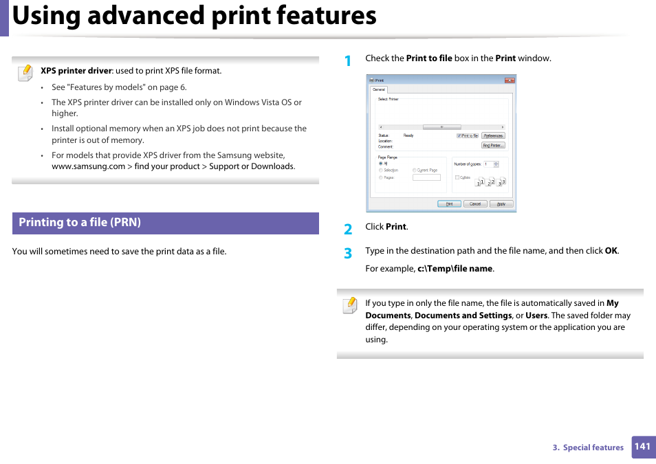 Using advanced print features, Printing to a file (prn) | Samsung ML-2165W-XAC User Manual | Page 141 / 211