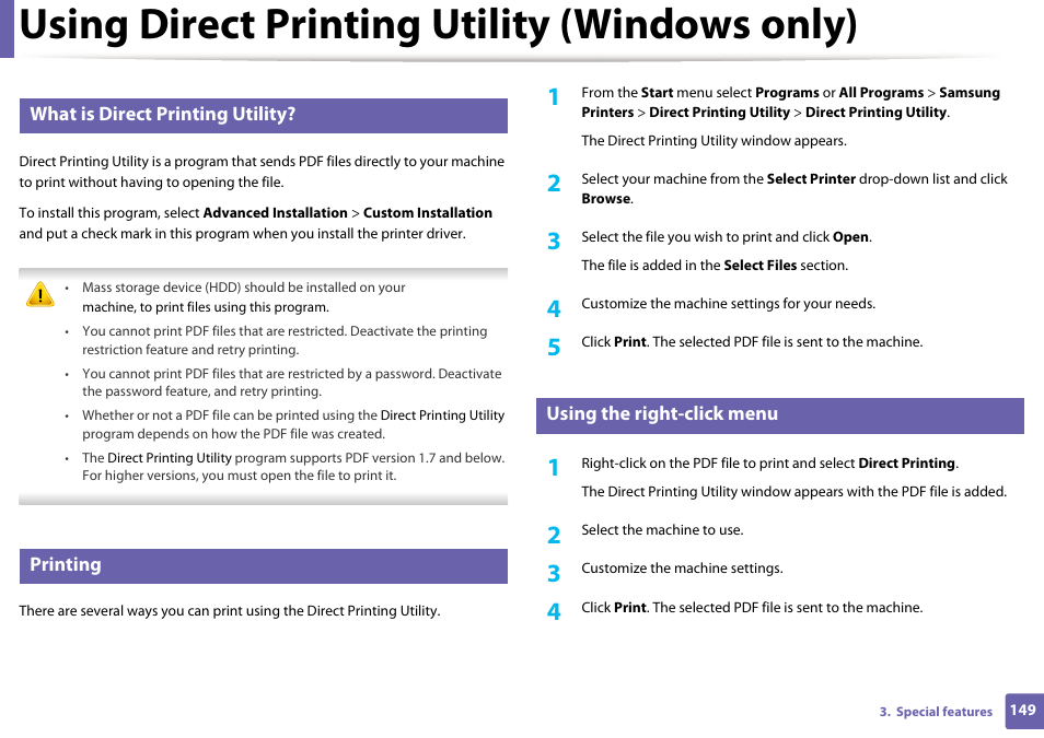 Using direct printing utility (windows only), What is direct printing utility, Printing | Using the right-click menu | Samsung ML-2165W-XAC User Manual | Page 149 / 211