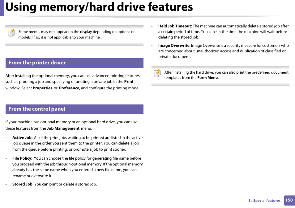 Using memory/hard drive features | Samsung ML-2165W-XAC User Manual | Page 150 / 211
