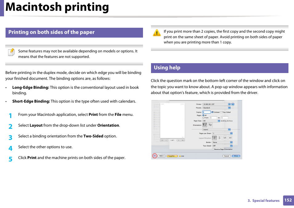 Macintosh printing, Printing on both sides of the paper, Using help | Samsung ML-2165W-XAC User Manual | Page 152 / 211
