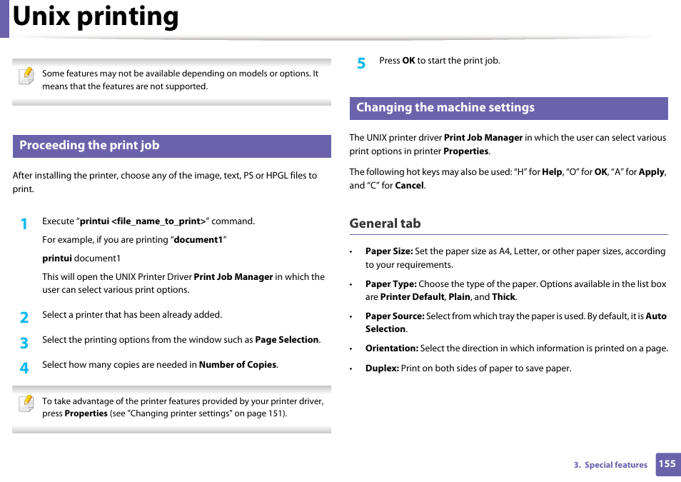 Unix printing, General tab, Proceeding the print job | Changing the machine settings | Samsung ML-2165W-XAC User Manual | Page 155 / 211