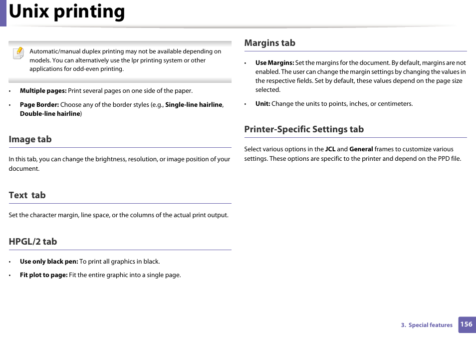 Unix printing, Image tab, Text tab | Hpgl/2 tab, Margins tab, Printer-specific settings tab | Samsung ML-2165W-XAC User Manual | Page 156 / 211