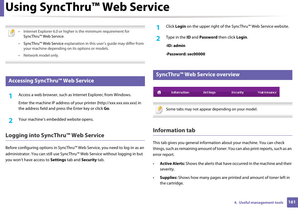 Using syncthru™ web service, Logging into syncthru™ web service, Information tab | Accessing syncthru™ web service, Syncthru™ web service overview | Samsung ML-2165W-XAC User Manual | Page 161 / 211