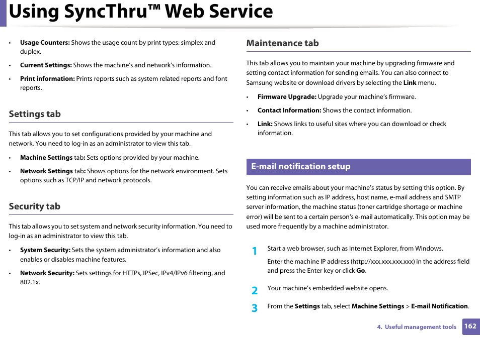 Using syncthru™ web service, Settings tab, Security tab | Maintenance tab, E-mail notification setup | Samsung ML-2165W-XAC User Manual | Page 162 / 211