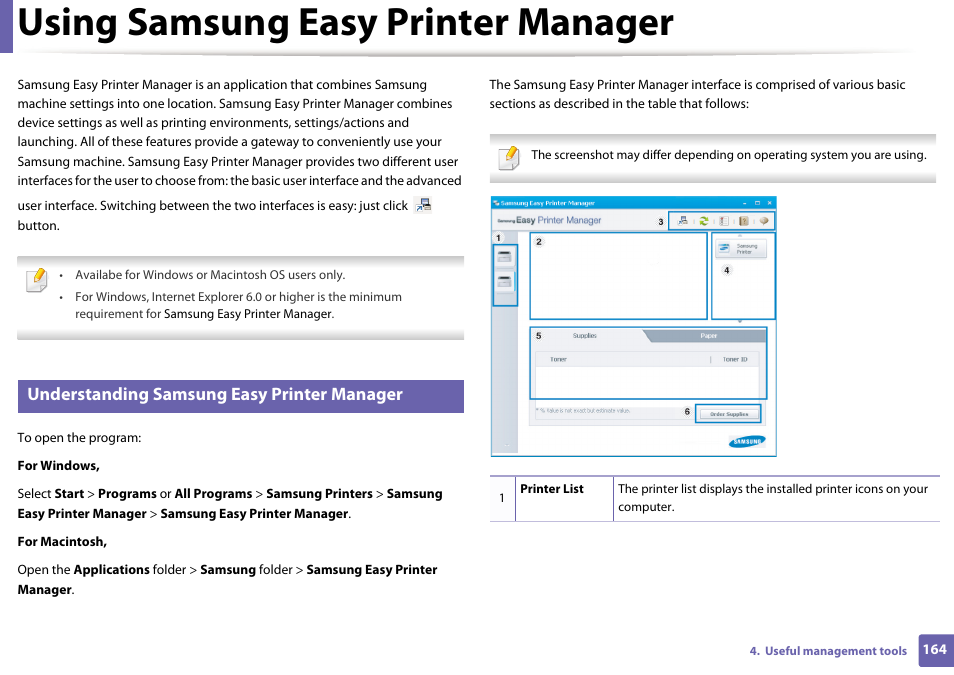 Using samsung easy printer manager, Understanding samsung easy printer manager | Samsung ML-2165W-XAC User Manual | Page 164 / 211