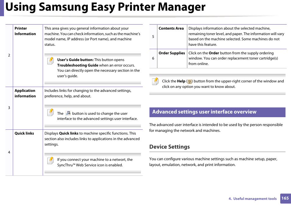 Using samsung easy printer manager, Device settings, Advanced settings user interface overview | Samsung ML-2165W-XAC User Manual | Page 165 / 211