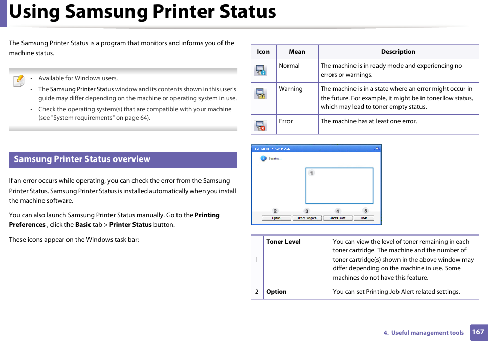 Using samsung printer status, Samsung printer status overview | Samsung ML-2165W-XAC User Manual | Page 167 / 211