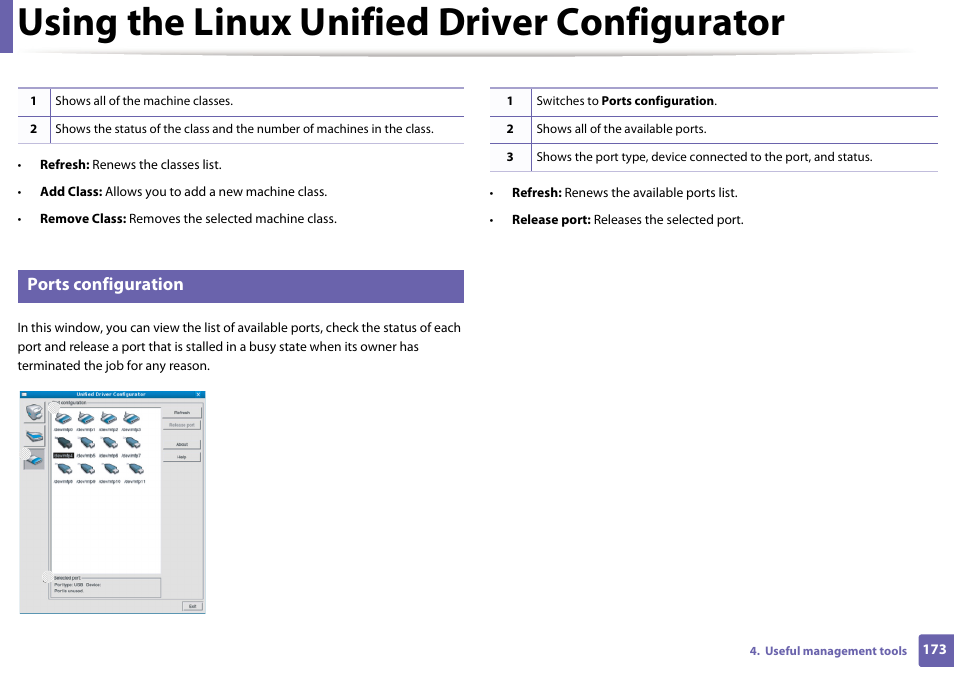 Using the linux unified driver configurator, Ports configuration | Samsung ML-2165W-XAC User Manual | Page 173 / 211