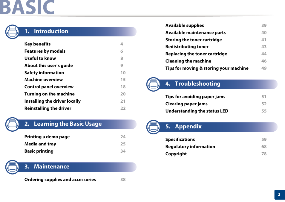 Basic, Introduction, Learning the basic usage | Maintenance, Troubleshooting, Appendix | Samsung ML-2165W-XAC User Manual | Page 2 / 211