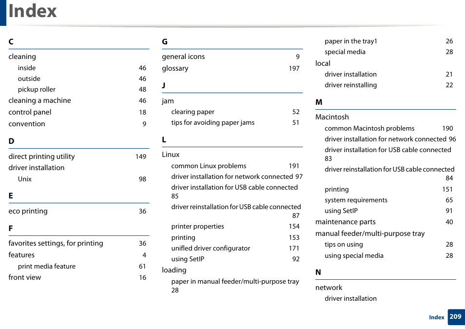 Cleaning, Inside 46, Outside 46 | Pickup roller 48, Cleaning a machine 46, Control panel 18, Convention 9, Direct printing utility 149, Driver installation, Unix 98 | Samsung ML-2165W-XAC User Manual | Page 209 / 211