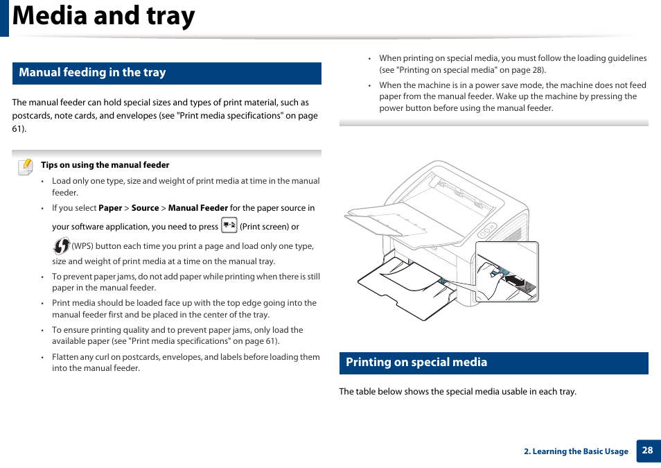 Media and tray, Manual feeding in the tray, Printing on special media | Samsung ML-2165W-XAC User Manual | Page 28 / 211