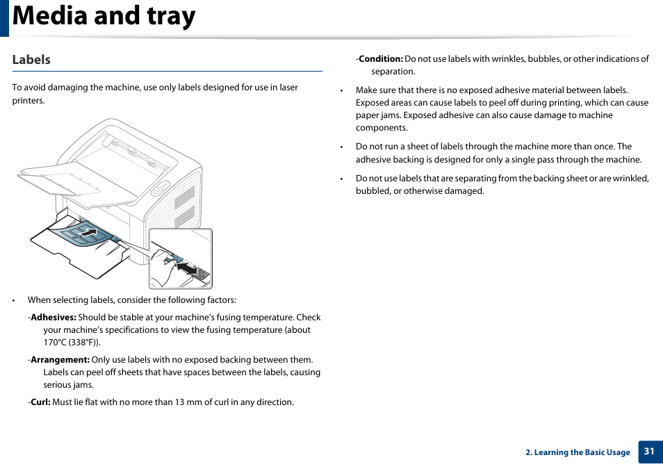 Media and tray, Labels | Samsung ML-2165W-XAC User Manual | Page 31 / 211