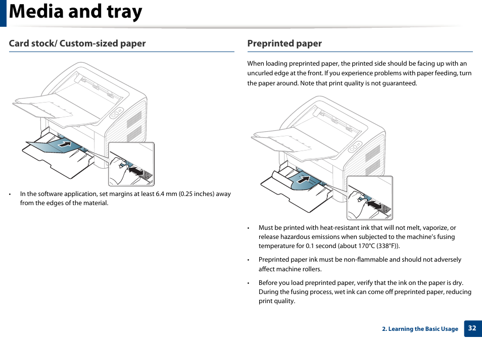 Media and tray, Card stock/ custom-sized paper, Preprinted paper | Samsung ML-2165W-XAC User Manual | Page 32 / 211