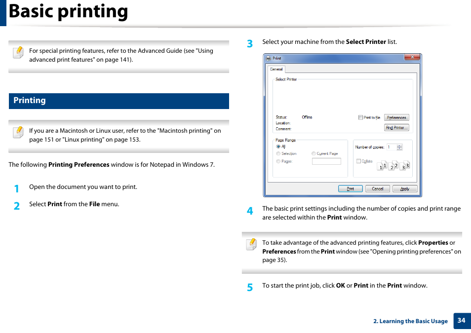 Basic printing, Printing | Samsung ML-2165W-XAC User Manual | Page 34 / 211