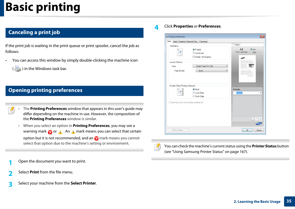 Basic printing, Canceling a print job, Opening printing preferences | Samsung ML-2165W-XAC User Manual | Page 35 / 211