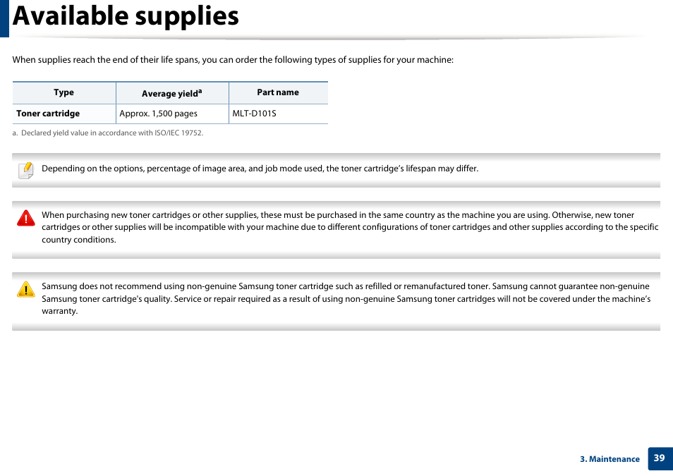 Available supplies | Samsung ML-2165W-XAC User Manual | Page 39 / 211