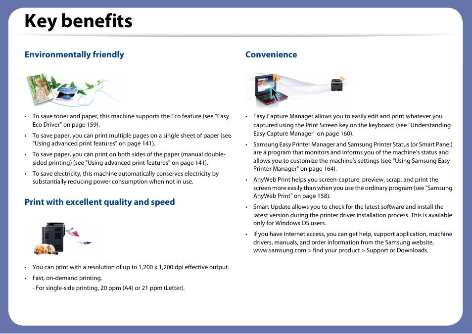 Key benefits, Environmentally friendly, Print with excellent quality and speed | Convenience | Samsung ML-2165W-XAC User Manual | Page 4 / 211