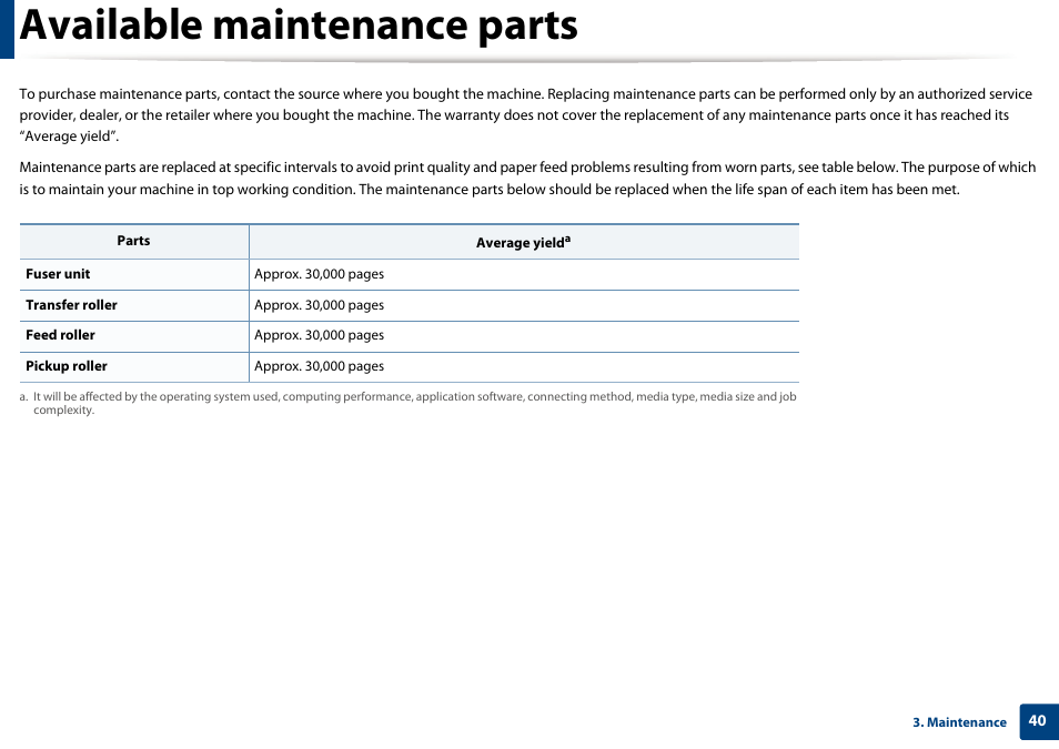 Available maintenance parts | Samsung ML-2165W-XAC User Manual | Page 40 / 211