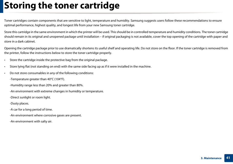 Storing the toner cartridge | Samsung ML-2165W-XAC User Manual | Page 41 / 211