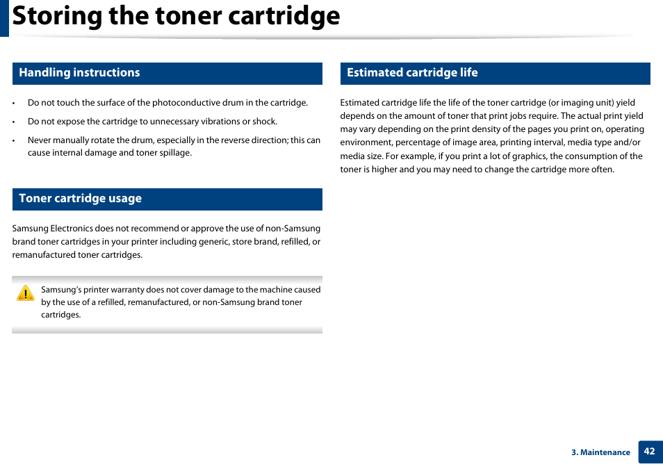 Storing the toner cartridge, Handling instructions, Toner cartridge usage | Estimated cartridge life | Samsung ML-2165W-XAC User Manual | Page 42 / 211