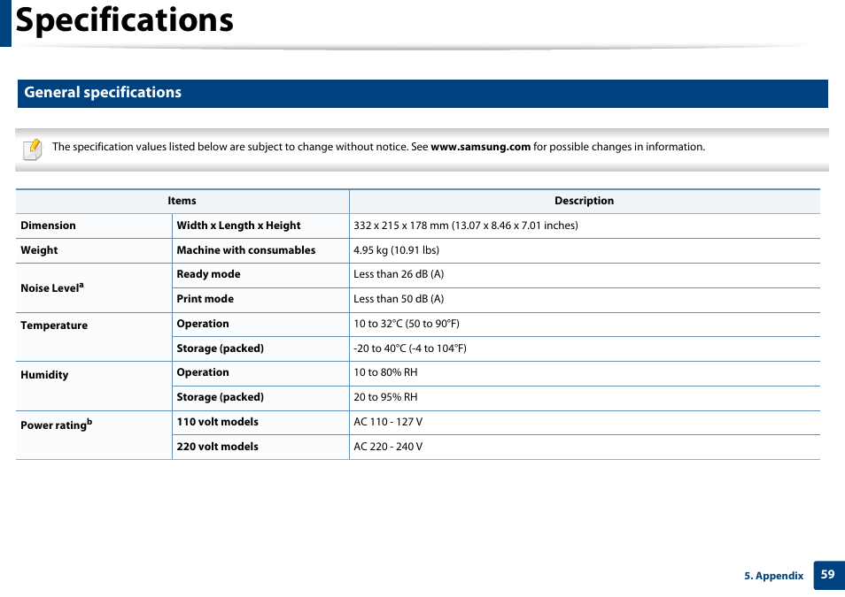 Specifications, General specifications | Samsung ML-2165W-XAC User Manual | Page 59 / 211
