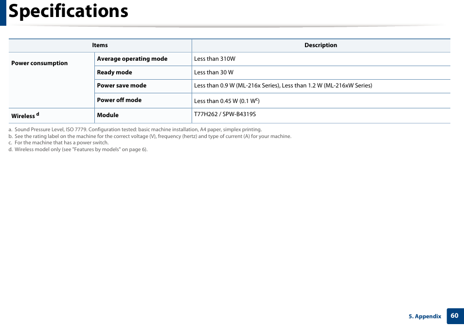 Specifications | Samsung ML-2165W-XAC User Manual | Page 60 / 211