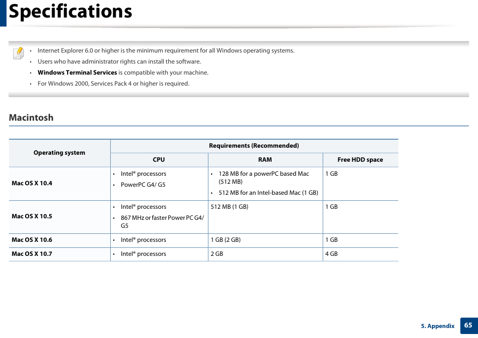Specifications, Macintosh | Samsung ML-2165W-XAC User Manual | Page 65 / 211