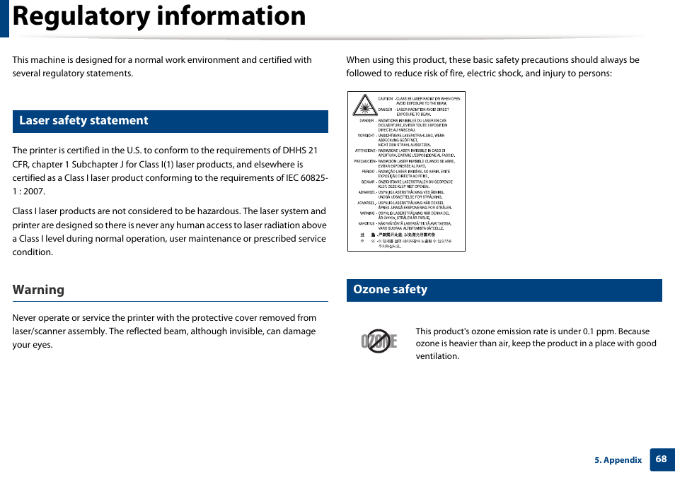 Regulatory information, Warning, Laser safety statement | Ozone safety | Samsung ML-2165W-XAC User Manual | Page 68 / 211