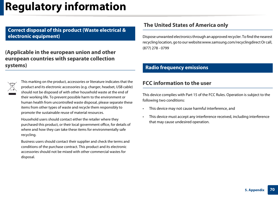Regulatory information, Fcc information to the user, Radio frequency emissions | Samsung ML-2165W-XAC User Manual | Page 70 / 211