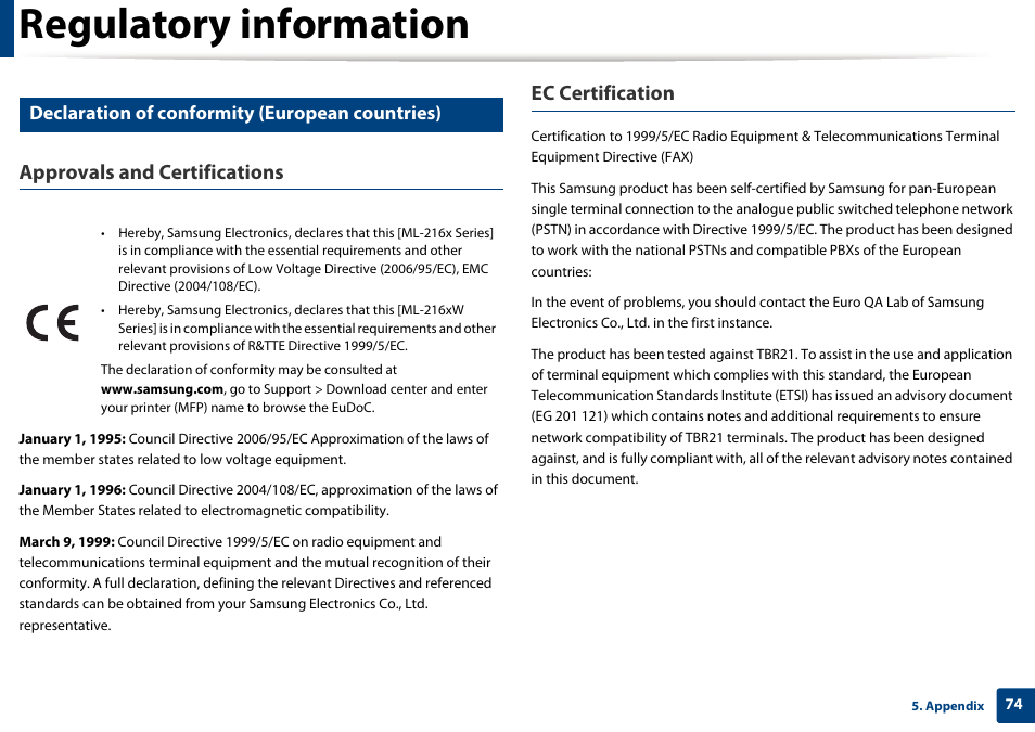 Regulatory information, Approvals and certifications, Ec certification | Declaration of conformity (european countries) | Samsung ML-2165W-XAC User Manual | Page 74 / 211