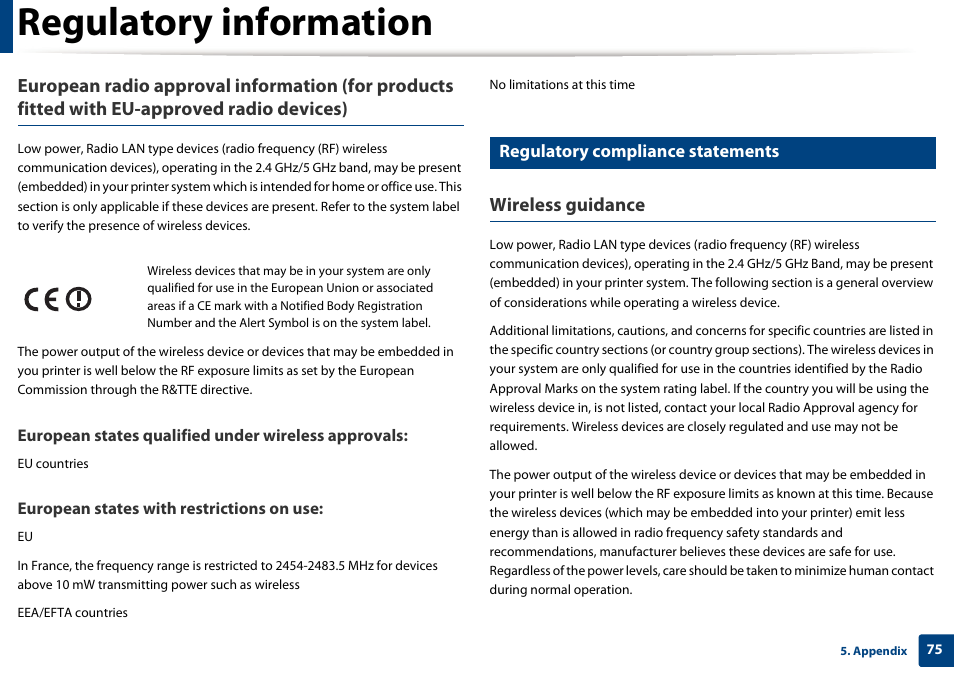 Regulatory information, Wireless guidance, Regulatory compliance statements | Samsung ML-2165W-XAC User Manual | Page 75 / 211