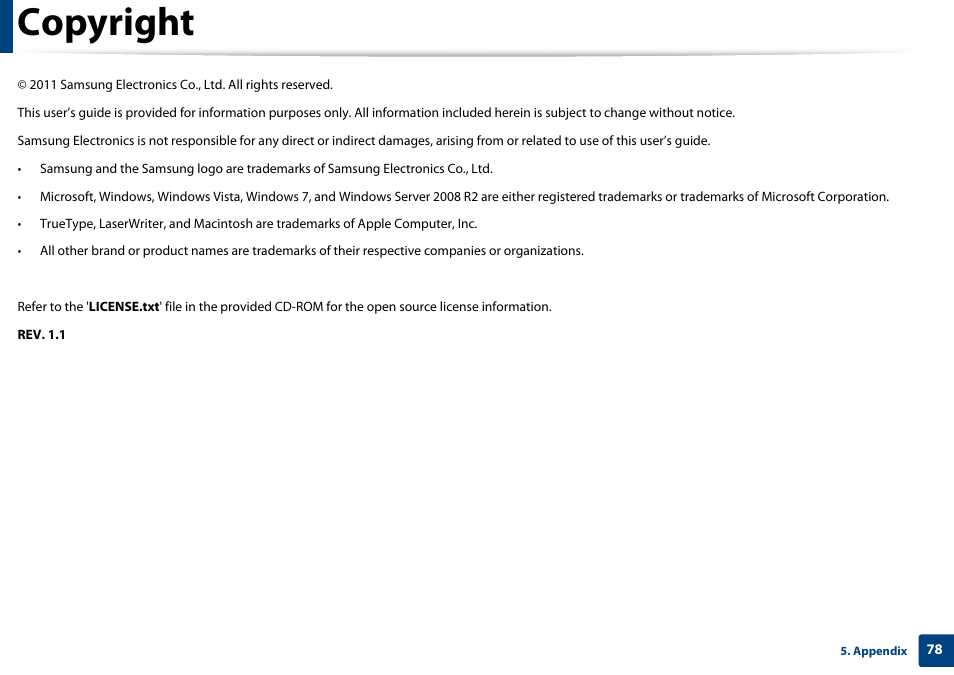 Copyright | Samsung ML-2165W-XAC User Manual | Page 78 / 211
