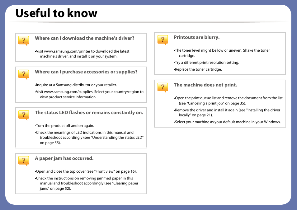 Useful to know | Samsung ML-2165W-XAC User Manual | Page 8 / 211