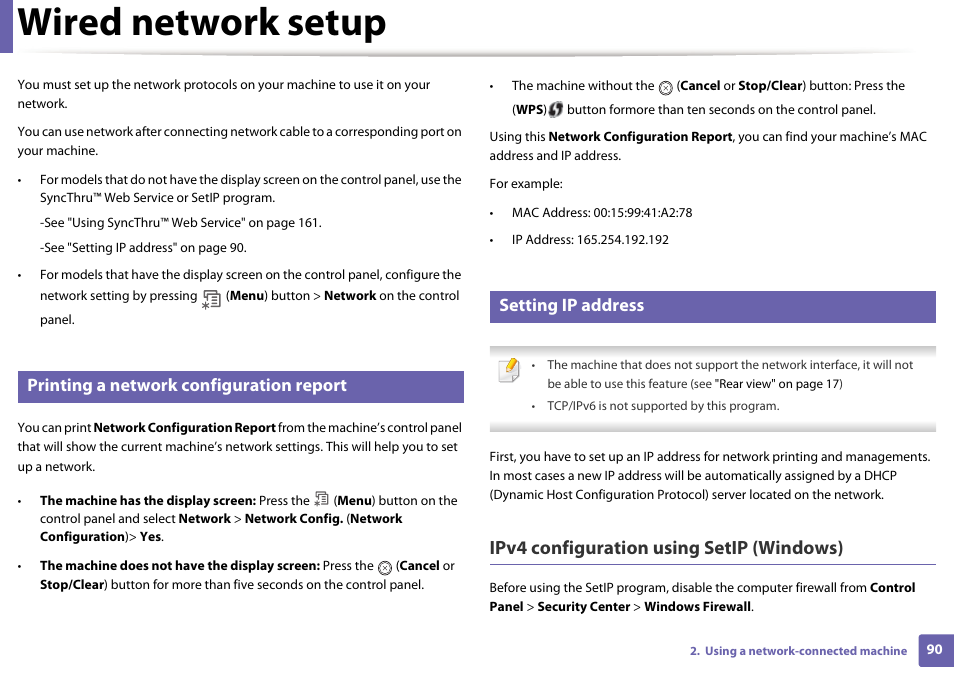 Wired network setup, Ipv4 configuration using setip (windows), Printing a network configuration report | Setting ip address | Samsung ML-2165W-XAC User Manual | Page 90 / 211