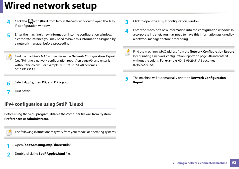 Wired network setup, Ipv4 configuation using setip (linux) | Samsung ML-2165W-XAC User Manual | Page 92 / 211