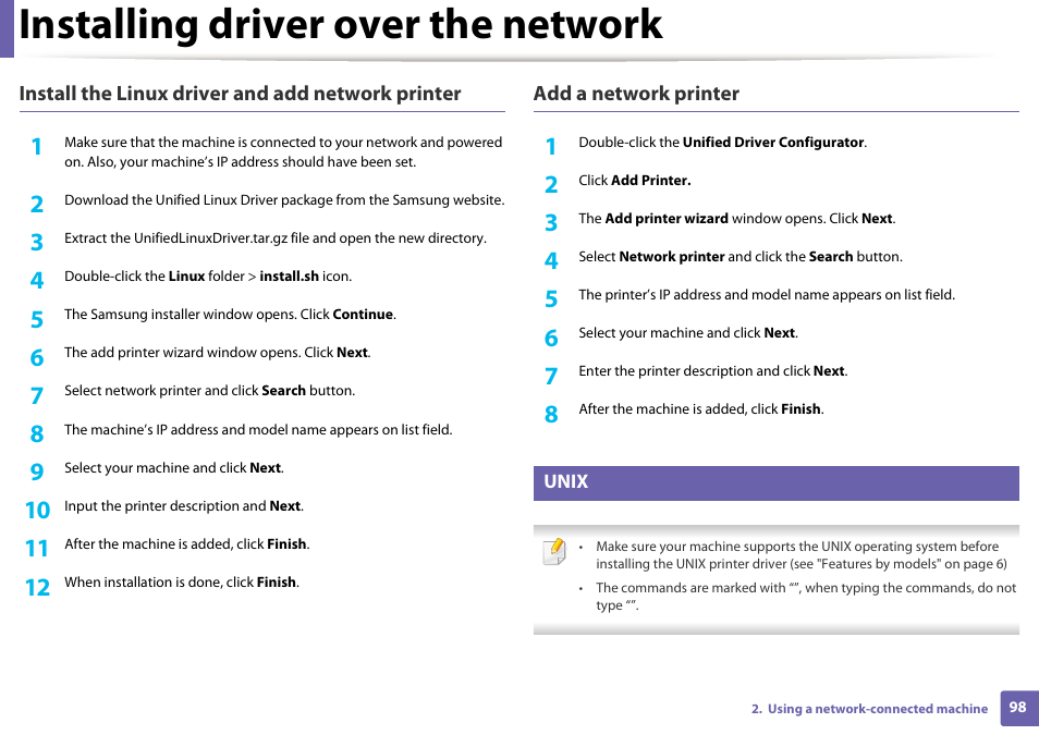 Installing driver over the network | Samsung ML-2165W-XAC User Manual | Page 98 / 211