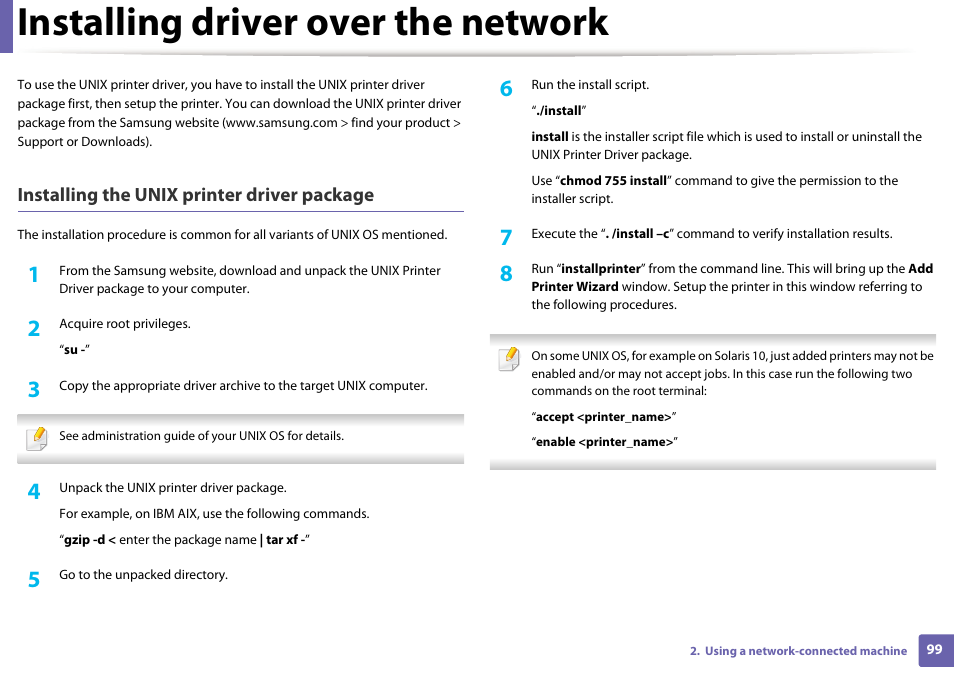 Installing driver over the network, Installing the unix printer driver package | Samsung ML-2165W-XAC User Manual | Page 99 / 211