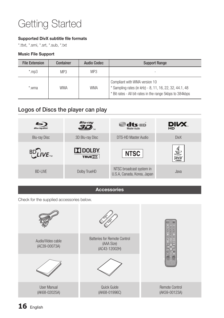 Logos of discs the player can play, Accessories, 16 accessories | Getting started, Check for the supplied accessories below, English | Samsung BD-D6500-ZA User Manual | Page 16 / 81