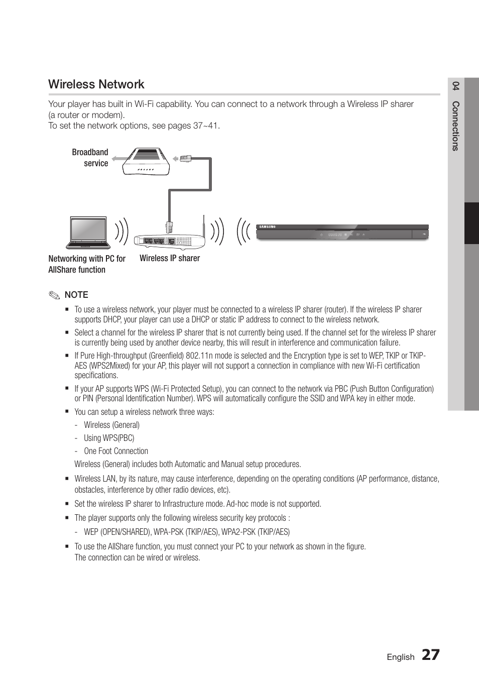 Wireless network | Samsung BD-D6500-ZA User Manual | Page 27 / 81