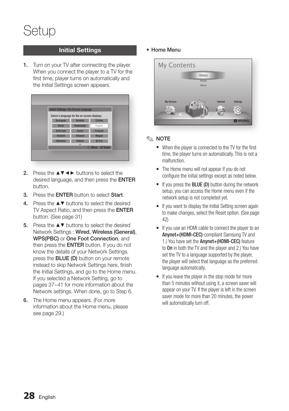 Setup, Initial settings, 28 initial settings | My contents | Samsung BD-D6500-ZA User Manual | Page 28 / 81