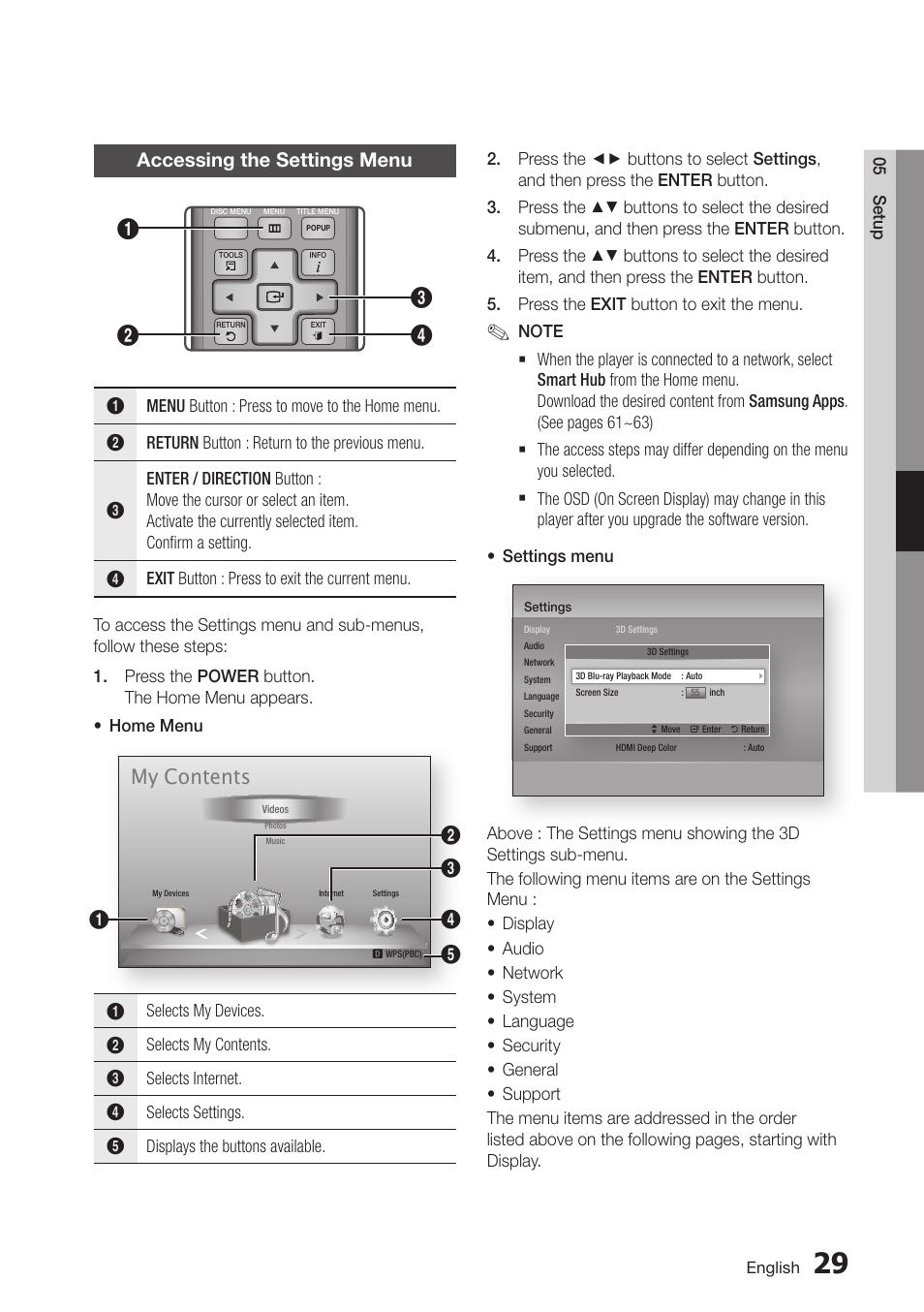 Accessing the settings menu, 29 accessing the settings menu, My contents | Samsung BD-D6500-ZA User Manual | Page 29 / 81