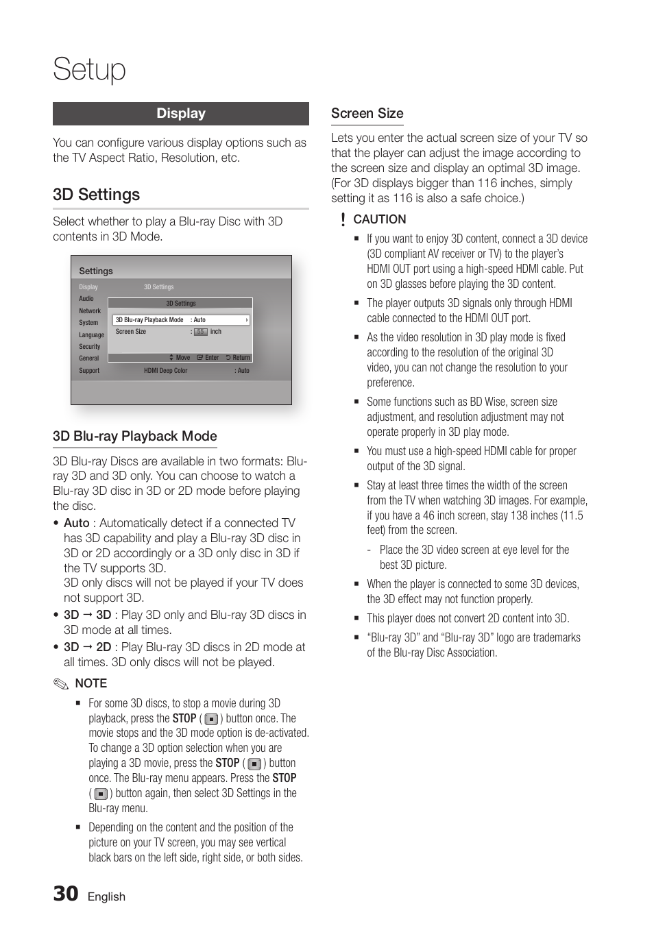 Display, 3d settings, 30 display | Setup | Samsung BD-D6500-ZA User Manual | Page 30 / 81