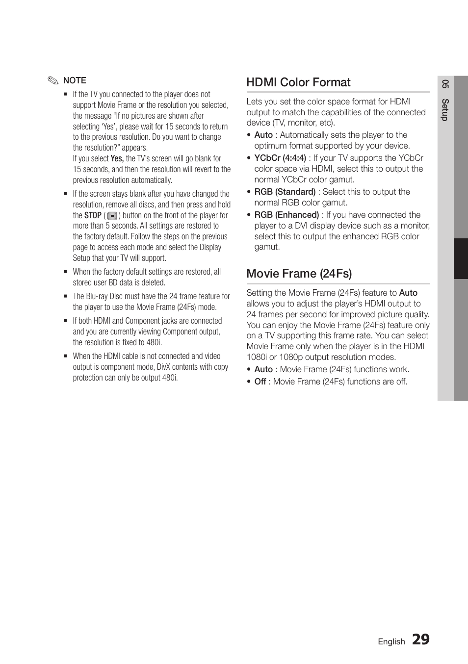 Hdmi color format, Movie frame (24fs) | Samsung BD-D6500-ZA User Manual | Page 33 / 81