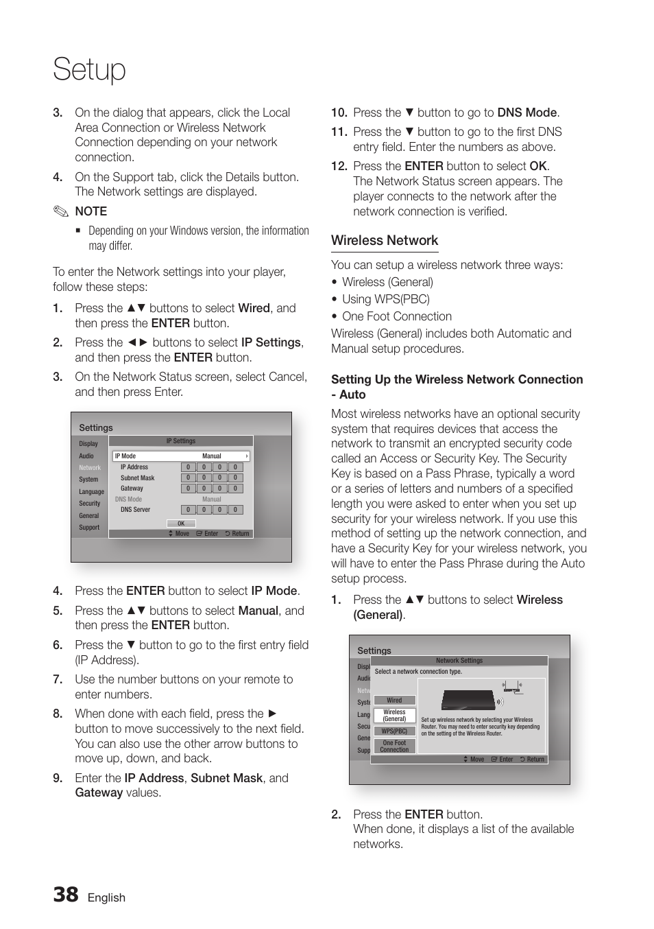 Setup, Wireless network | Samsung BD-D6500-ZA User Manual | Page 38 / 81