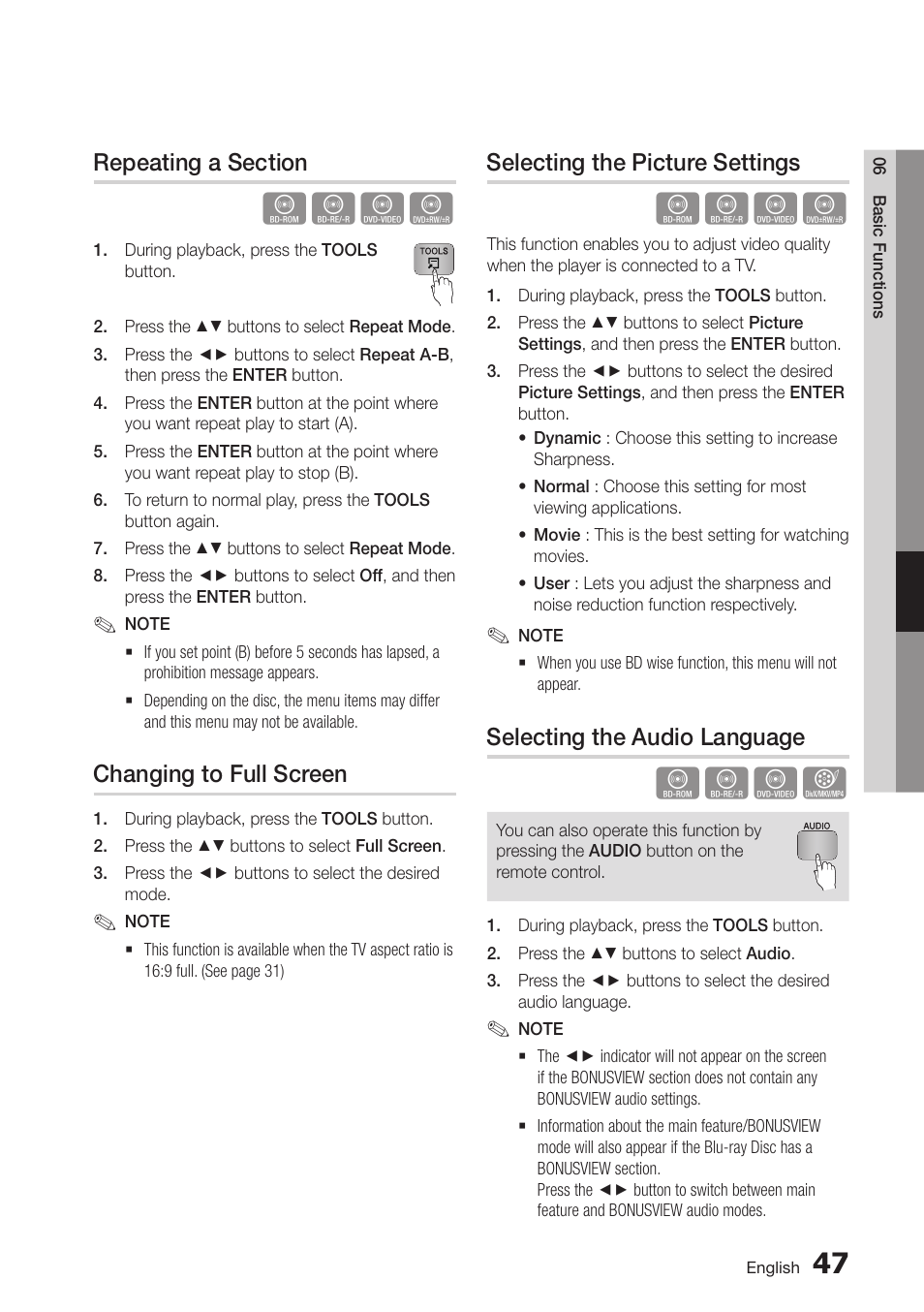 Repeating a section, Changing to full screen, Selecting the picture settings | Selecting the audio language | Samsung BD-D6500-ZA User Manual | Page 49 / 81
