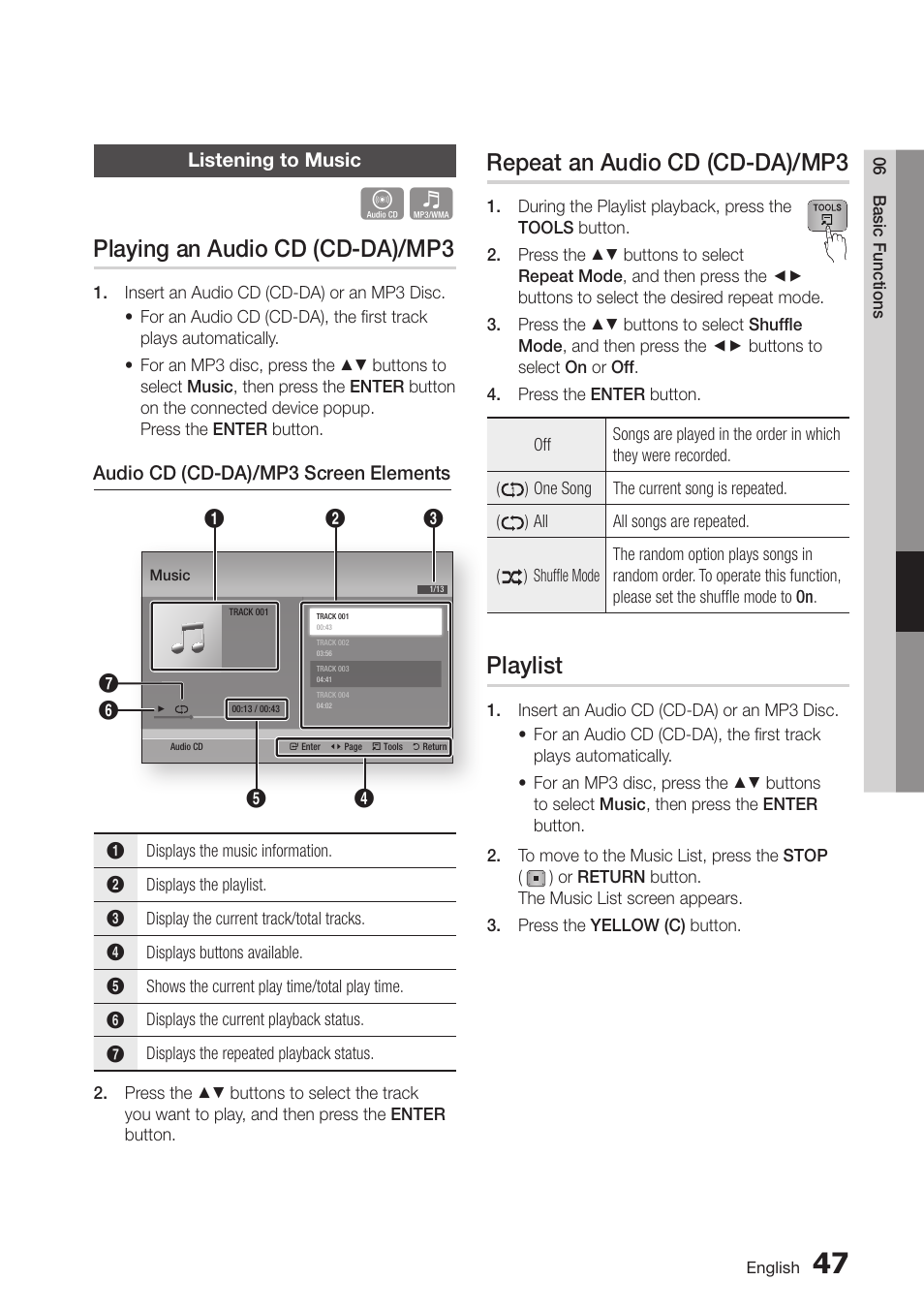 Listening to music, Playing an audio cd (cd-da)/mp3, Repeat an audio cd (cd-da)/mp3 | Playlist, 51 listening to music, 51 playlist | Samsung BD-D6500-ZA User Manual | Page 51 / 81