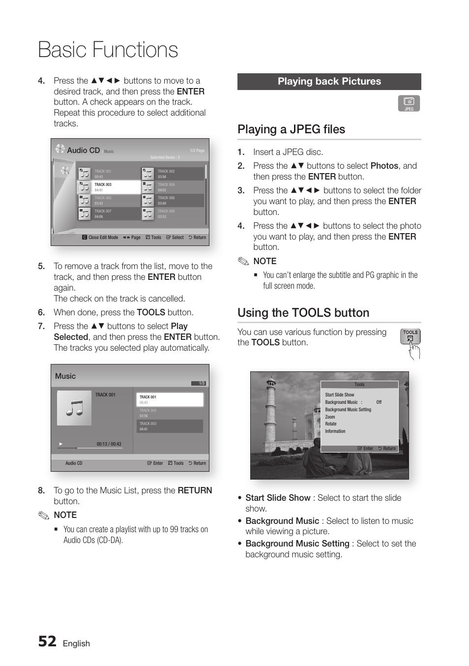Playing back pictures, Playing a jpeg files, Using the tools button | 52 playing back pictures, Basic functions | Samsung BD-D6500-ZA User Manual | Page 52 / 81