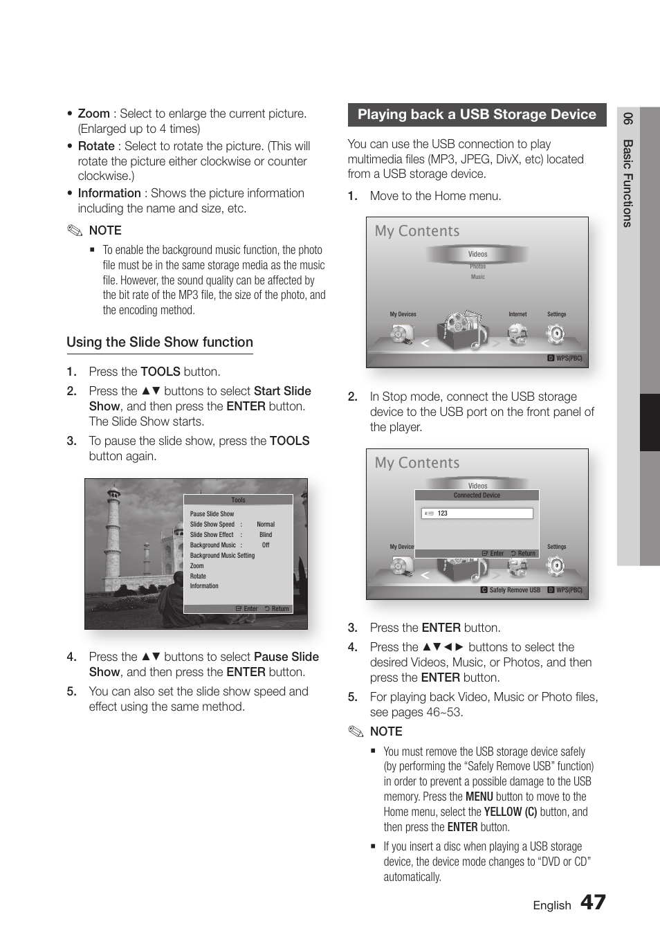 Playing back a usb storage device, 53 playing back a usb storage device, My contents | Using the slide show function | Samsung BD-D6500-ZA User Manual | Page 53 / 81