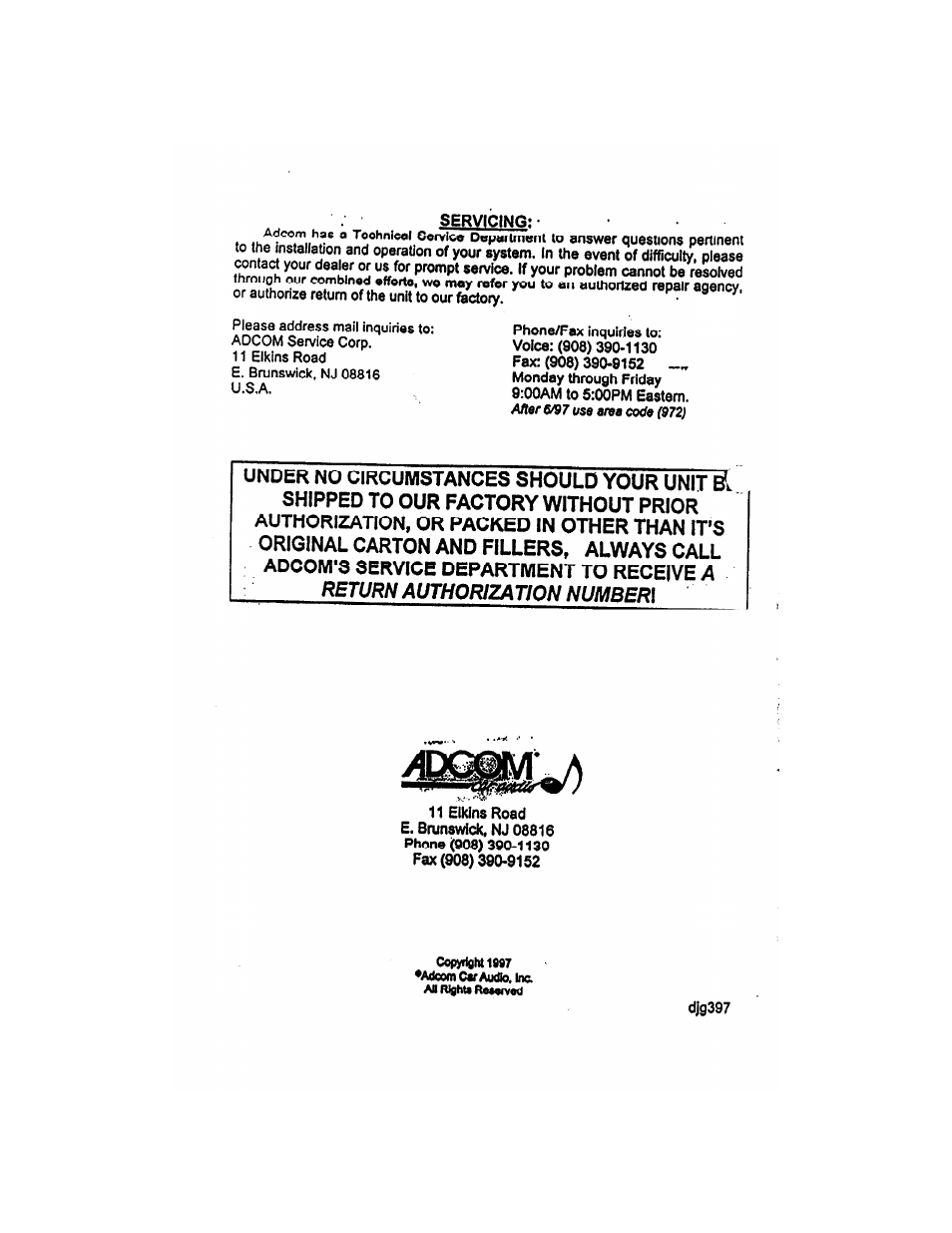 Retum authorization numberl | Adcom 2-CHANNEL GFA-5275 User Manual | Page 16 / 16
