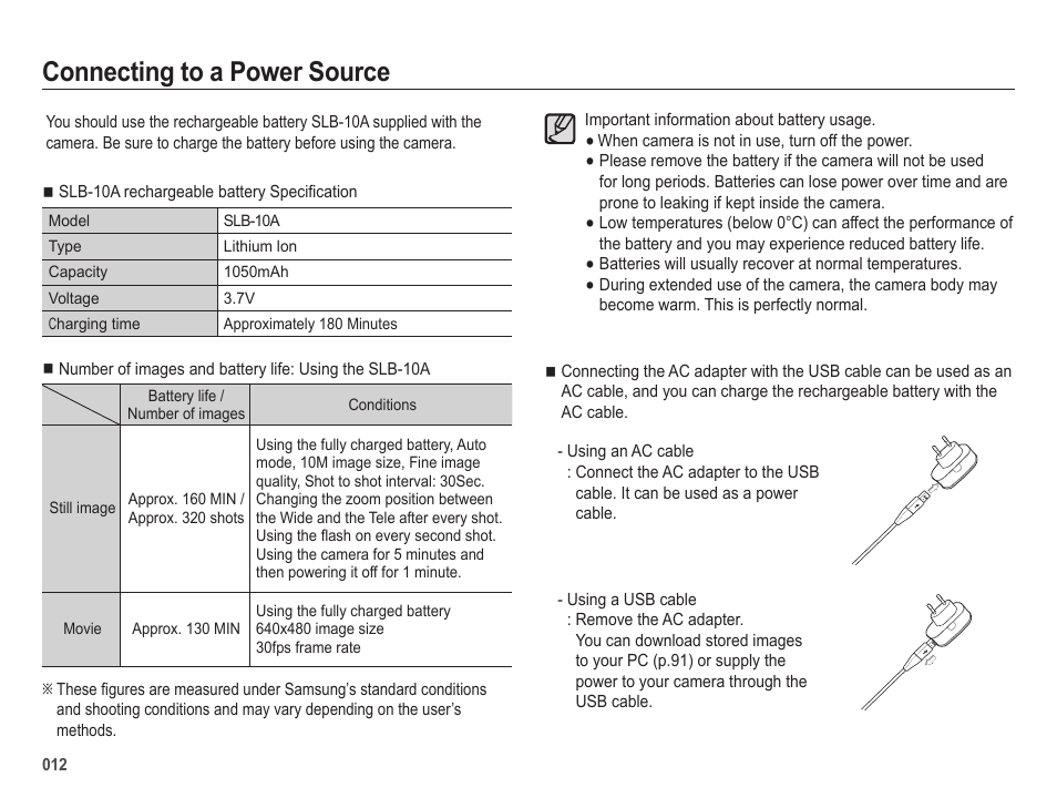 Connecting to a power source | Samsung EC-SL420SBP-US User Manual | Page 13 / 103